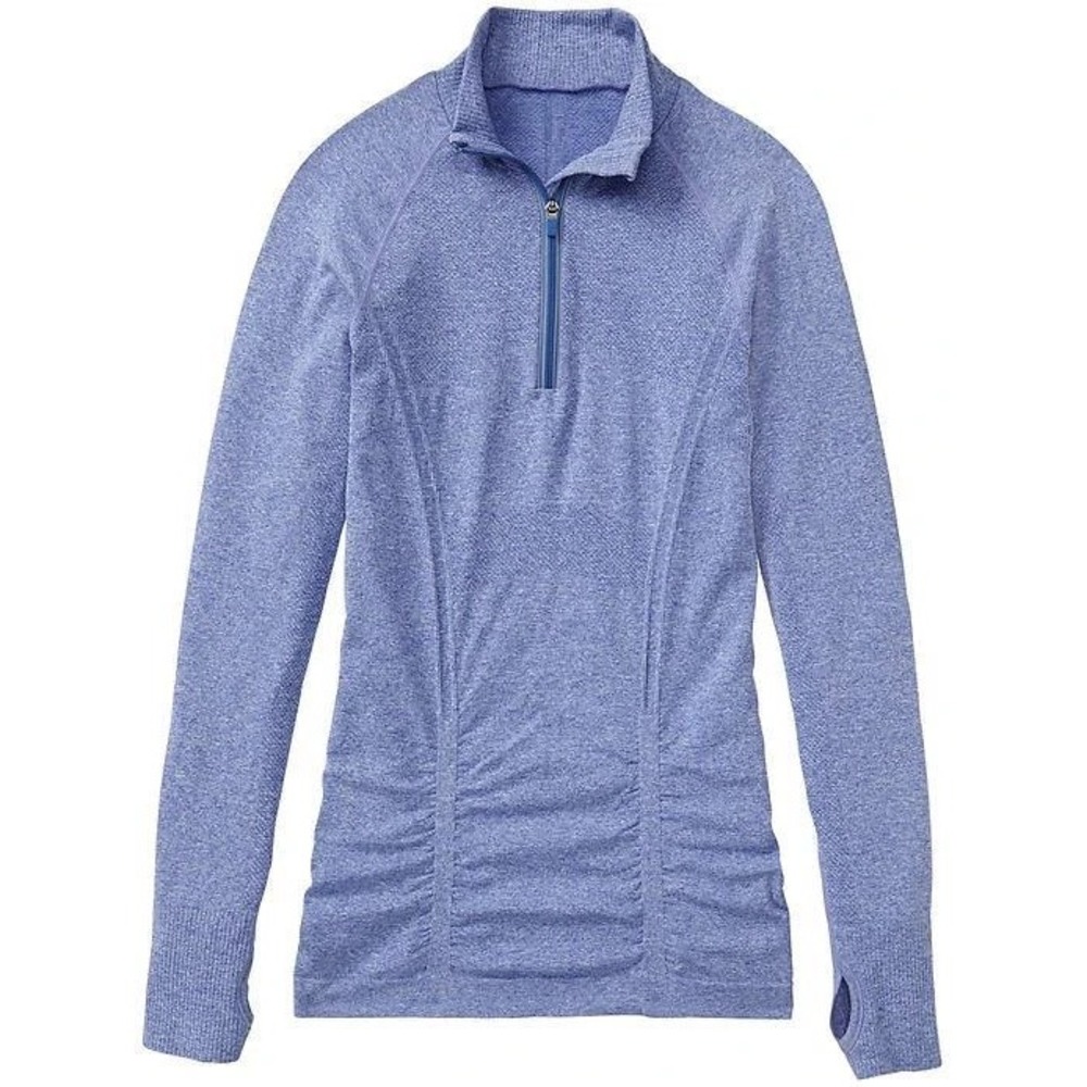 Athleta Fastest Track Half Zip Top Women's Medium Blue Heather Thumbholes Ruched